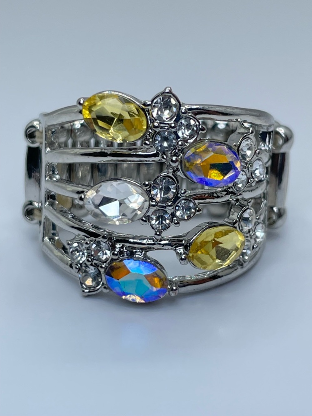 Silver Tone AB Crystal Stretch Ring Multicolor Rhinestone Statement - Picture 4 of 7